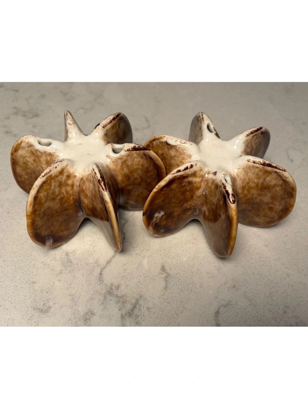 Pair Brown Glazed Ceramic Starburst Candle Holders Sculptural Modern Decor